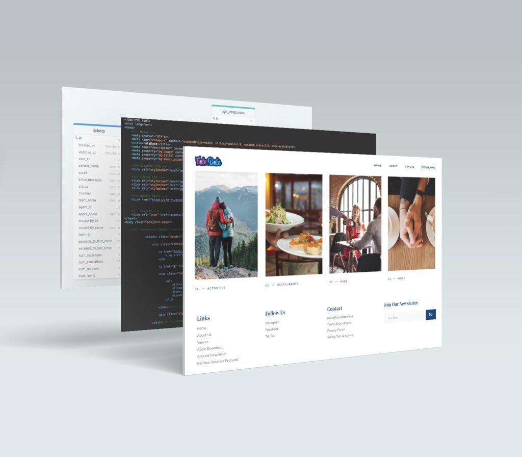 he image shows three overlapping visuals of a website. In the background, there is a snippet of HTML code, which likely represents the website's source code. In the foreground, there is a partially visible, user-friendly website interface showcasing sections such as "Home," "About Us," "Restaurants," "Bars," and other categories related to activities and business information. There is also a "Links" section with options like "Follow Us," "Contact," and a newsletter signup form. This image highlights both the design and the coding aspects of website development by coventry clicks